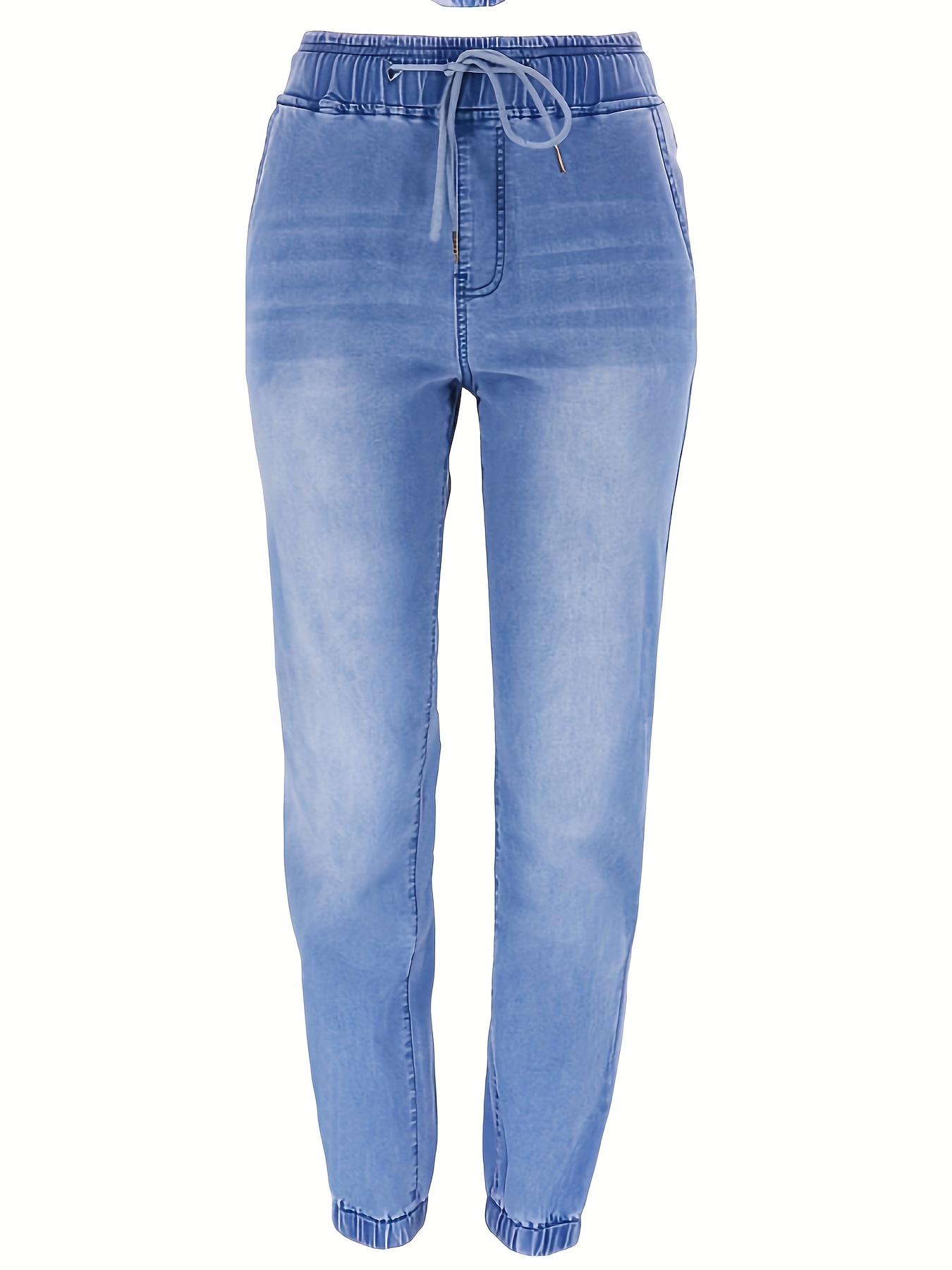 Women'S Plus Size Elastic Waist Drawstring Jogger Jeans, Elegant Solid  Color Long Length Denim Pants with Medium Stretch, 65% 20% 14%