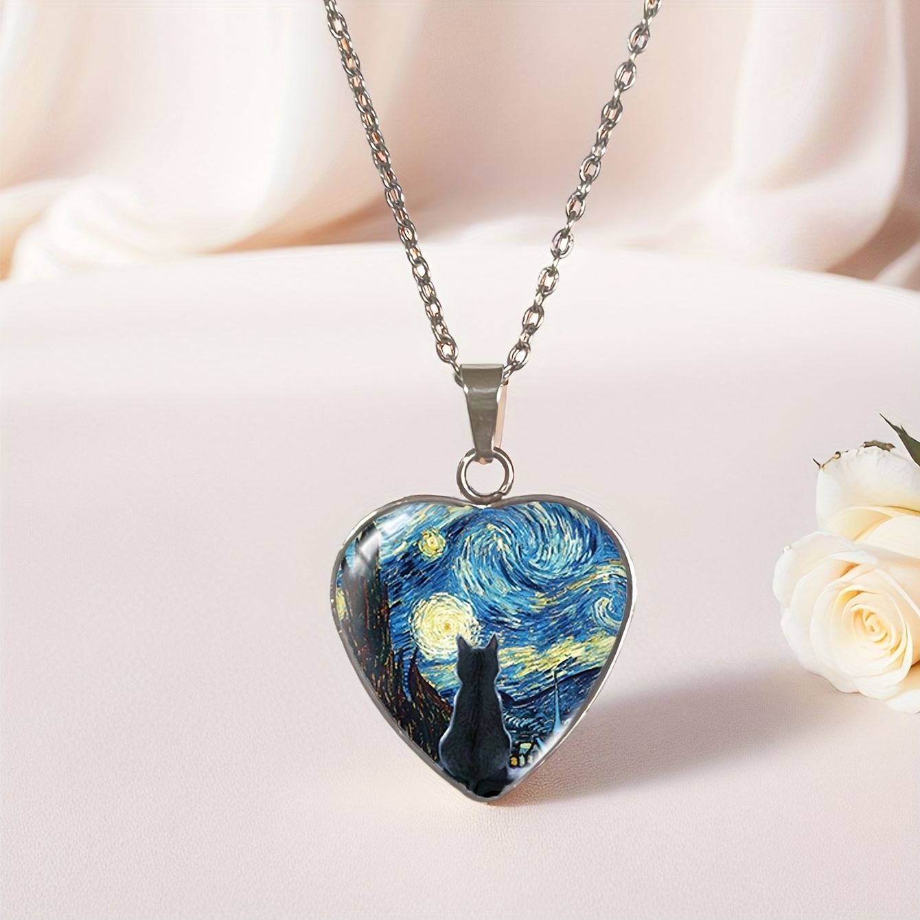 Collar con Colgante en Forma de Corazón y Gato Noche Estrellada JWEIJIAO - Joyería de Acero Inoxidable al Estilo Bohemio con Diseño Artístico de Van Gogh, Regalo de Cumpleaños Perfecto para Hombres y Mujeres