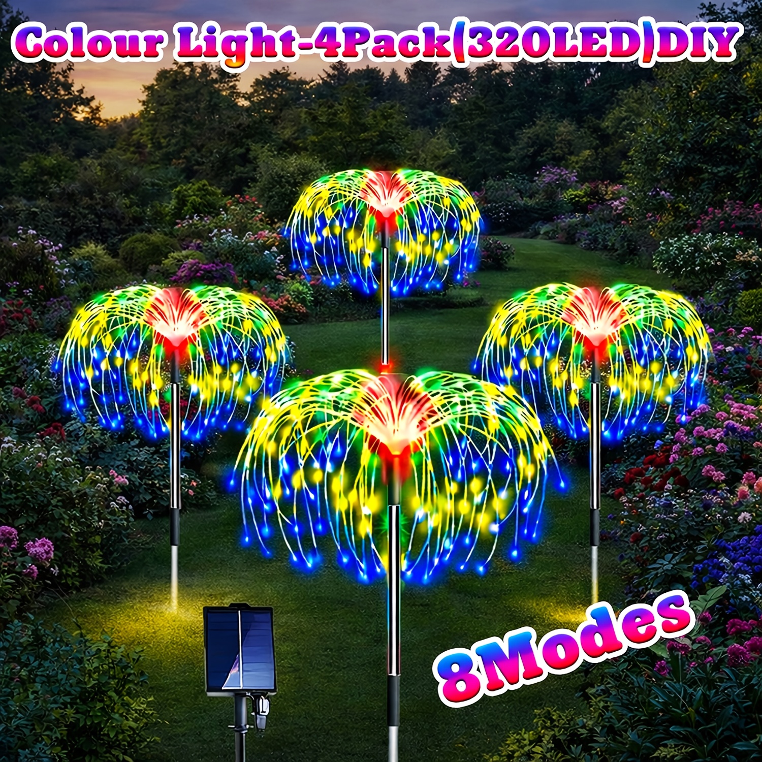 TEMU 8pack 480led 4pack1pack Solar Garden Lights (outdoor), 320/240 Led Flashing Firework Lights, 8-mode Solar Garden Lamps, Outdoor Ip65 Solar
