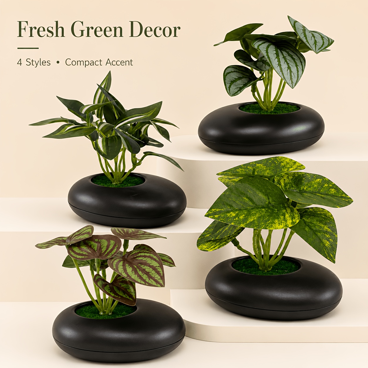 TEMU 4pcs Artificial Green Plant Pot Set, Realistic Fake Home Decor, Small Indoor Decorative Simulation Plants, Suitable For Desktop, Shelf, Office,