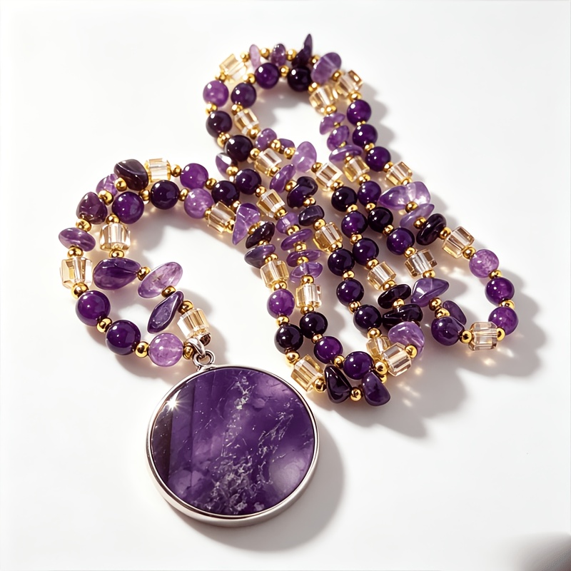 TEMU Fashionable And Sophisticated Women's Natural Stone Beaded Necklace With An Amethyst Round Pendant, A Versatile And Elegant Accessory Suitable