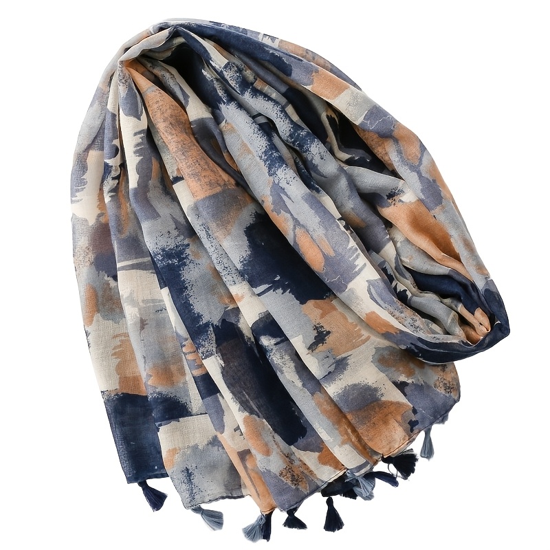 Women's Vintage Chinese Ink Wash Scarf - Watercolor Fringe Shawl & Neck Wrap, Warm Non-Stretch Collar for Autumn Winter, Elegant Accessory Suitable for Casual Outfits, Hand Washable Retro Print Scarves