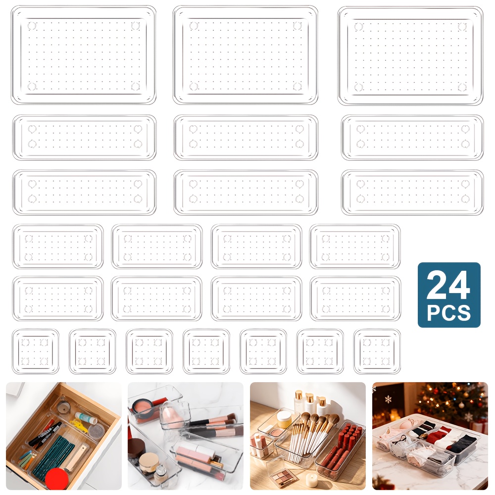 TEMU 24-teiliges Set durchsichtige Kunststoff-Schubladen-Organizer – 4 Größen für Kosmetik, transparente Aufbewahrungsbox für den Schreibtisch, für ,