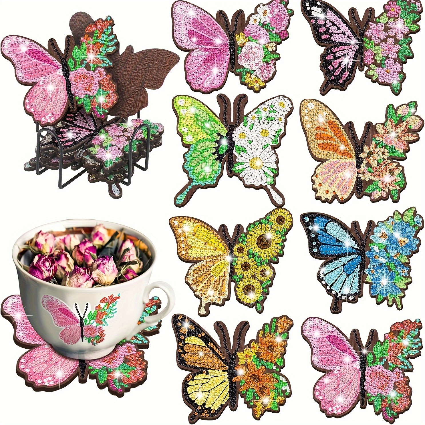 

8pcs Diy Butterfly Diamond Art Coaster Set With Stands - Round Diamond Painting Kit For Beginners, Craft Supplies & Tools