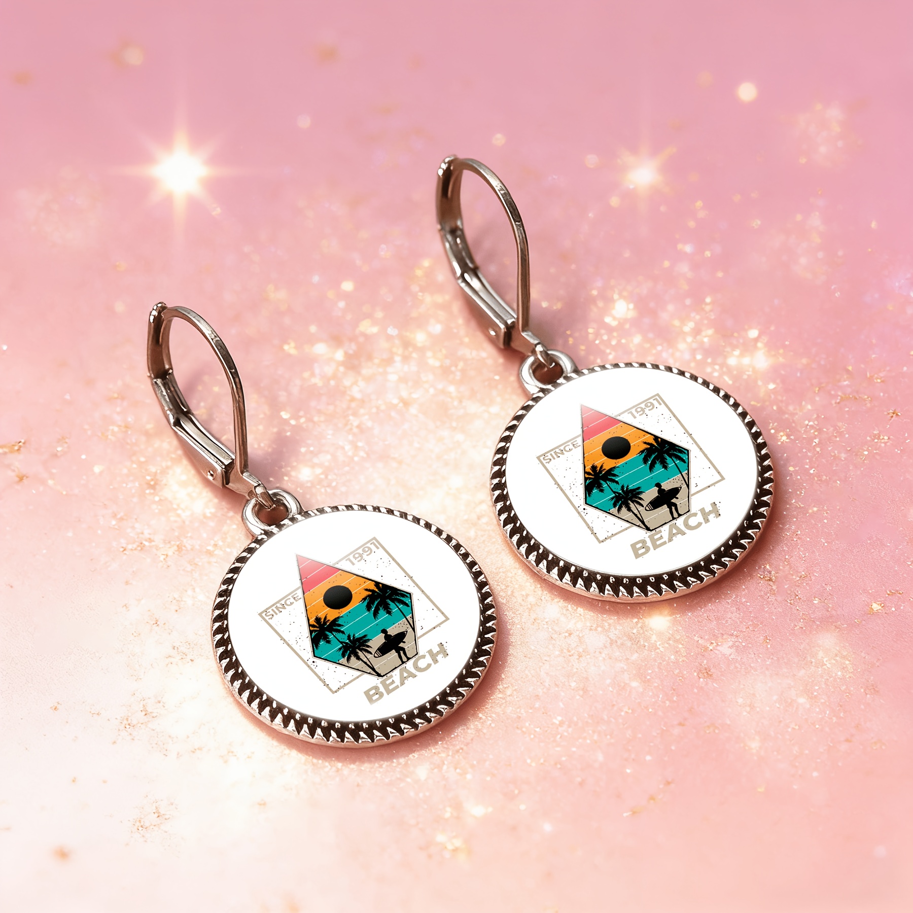 3pc Beach Sunset Round Glass Classic Jewellery Set with Necklace and Earrings