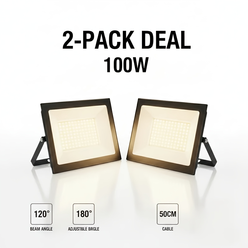 2-pack 100w Frameless Led Floodlight, 10500lm 3000k Warm White Ultra-thin Indoor Work Light, Durable Aluminum & Tempered Glass, 120° Beam Angle Workshop Studio Lamp, 180° Adjustable Bracket