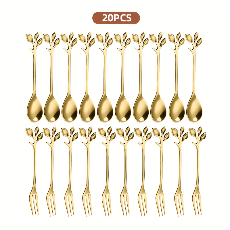 E-shop 20 Stück Goldene Blatt Edelstahl Mini-Gabeln und Kaffeelöffel-Set, Edelstahl Mini-Gabeln & Löffel, Blattförmige Dessertbesteck, Elegantes