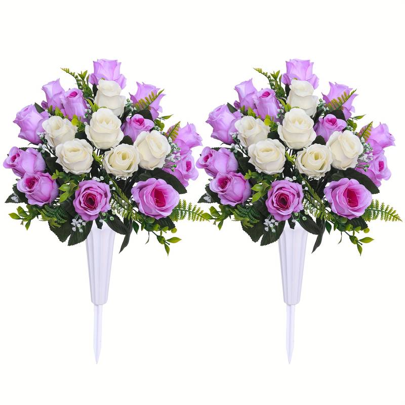 Fiori Artificiali Per Cimitero Con Vaso - Rose Arancioni E Bianche Per Lapidi, Decorazione Tombe
