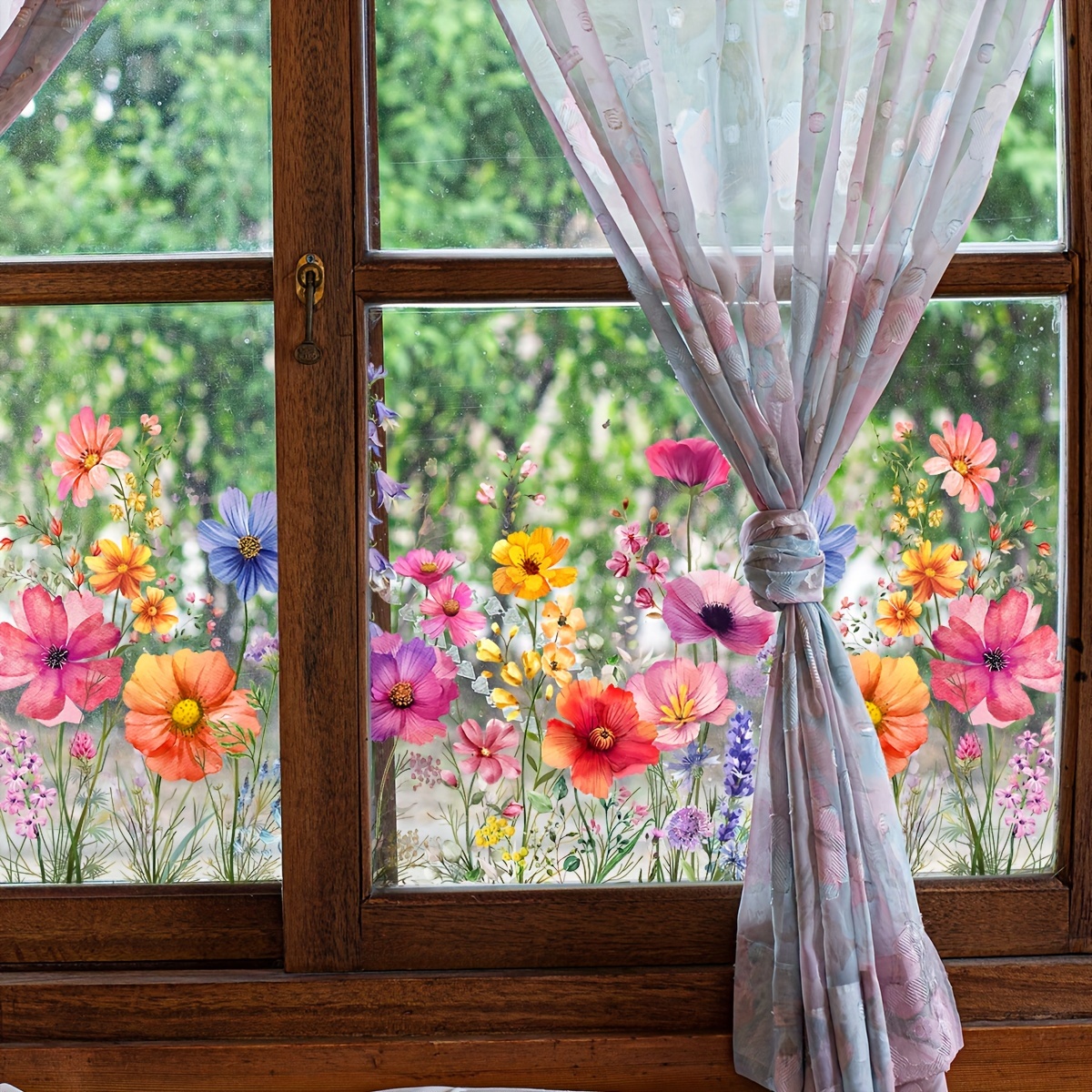 

1pc Colorful Floral Bouquet Window Sticker, Plastic Flower Garden Decal For Living Room Bedroom, Home Wall Trim Decor, 23.6x11.8 Inch Transparent Corner Line Design