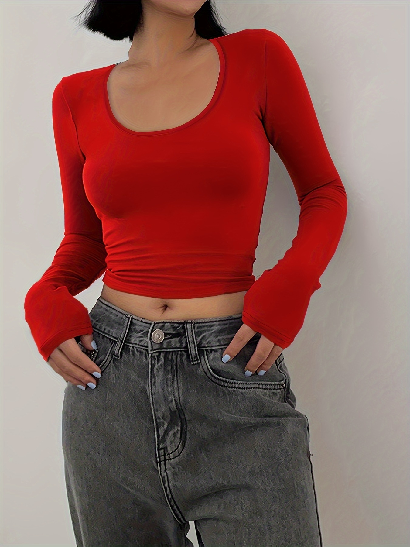 Solid Long Sleeve Crop Top Crew Neck Casual Every Day Top - Temu