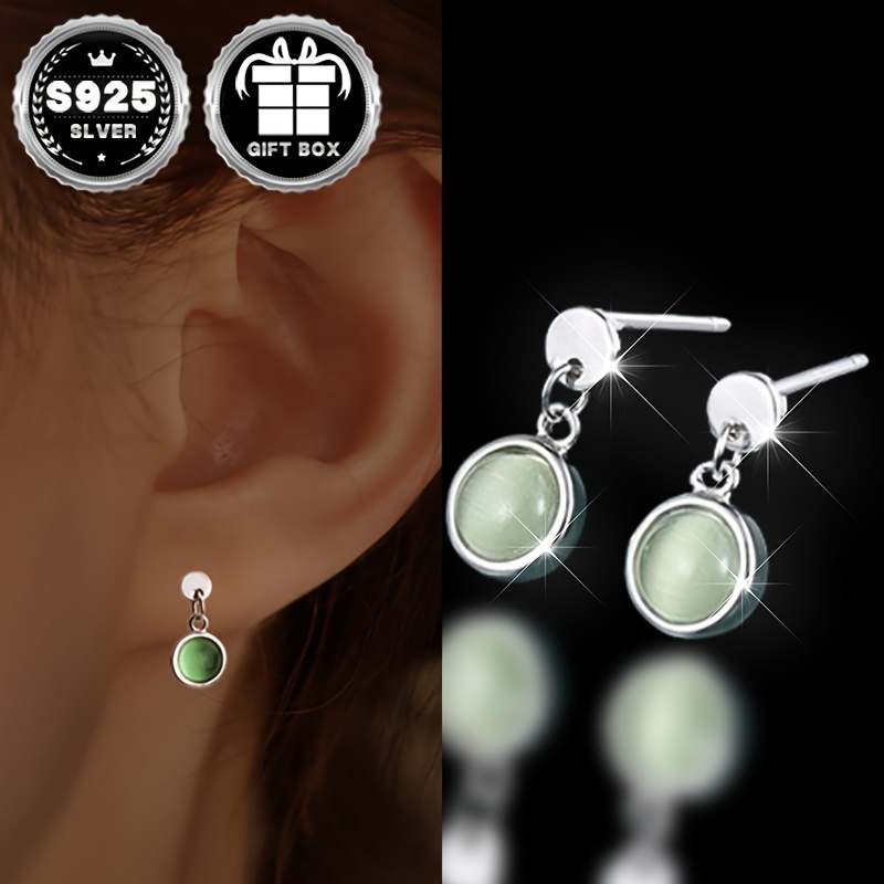 

2pc925 Pure Silvery, Total Weight About 1.3g, Green Round Earrings, Low-allergy, Simple And Fresh Commuter Earrings For Women, Exquisite Holiday Gift