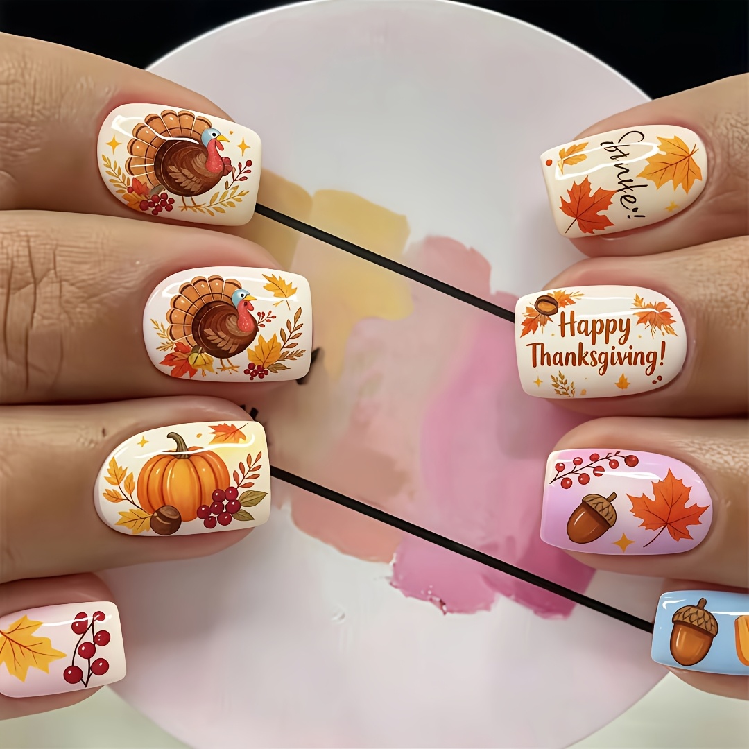 TEMU 24pcs Thanksgiving Cute Cartoon Medium Square Press On Nails, Printed With Turkey, Pumpkin, Maple Leaf, And Berry Patterns, Warm Festive Fall
