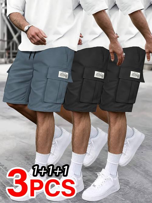 3pcs mens cargo shorts adjustable drawstring multiple pockets polyester blend solid colors in beige khaki dark gray black