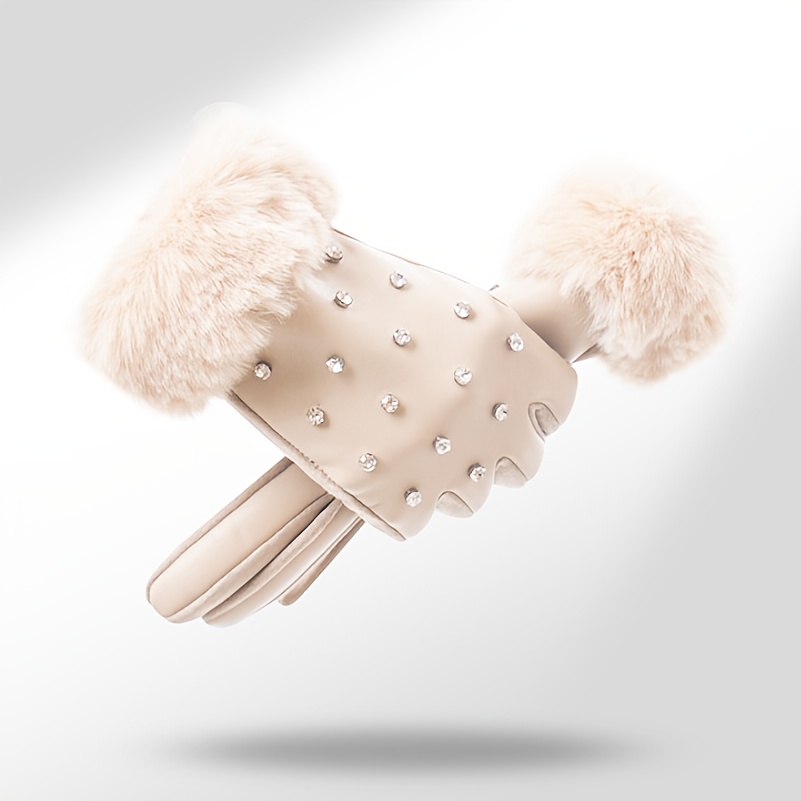 Image of New Autumn/winter Touchscreen Gloves, Protein Pu Leather With Rhinestone And Faux Rabbit Trim, Women's Plush-lined Thickened Gloves For Outdoor Cycling