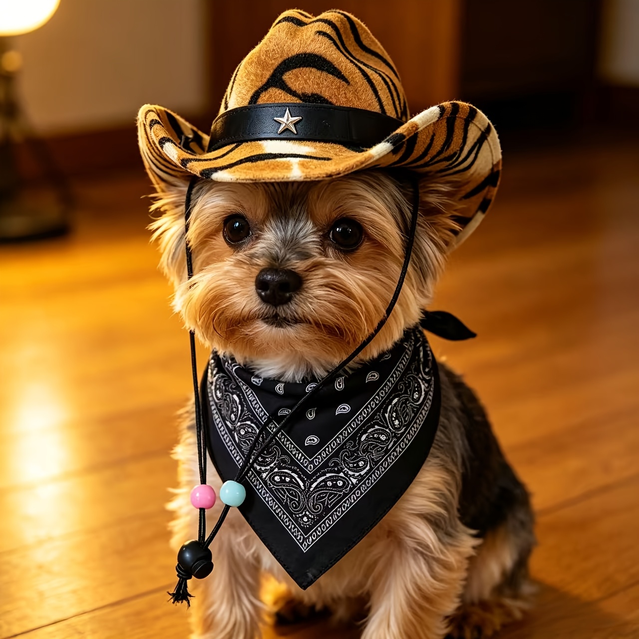TEMU 2pcs Western Cowboy Hat & For Small/medium - Retro Tiger Striped & Paisley Pet Costume With /toggle Buckle, Machine Washable Suitable For Photo
