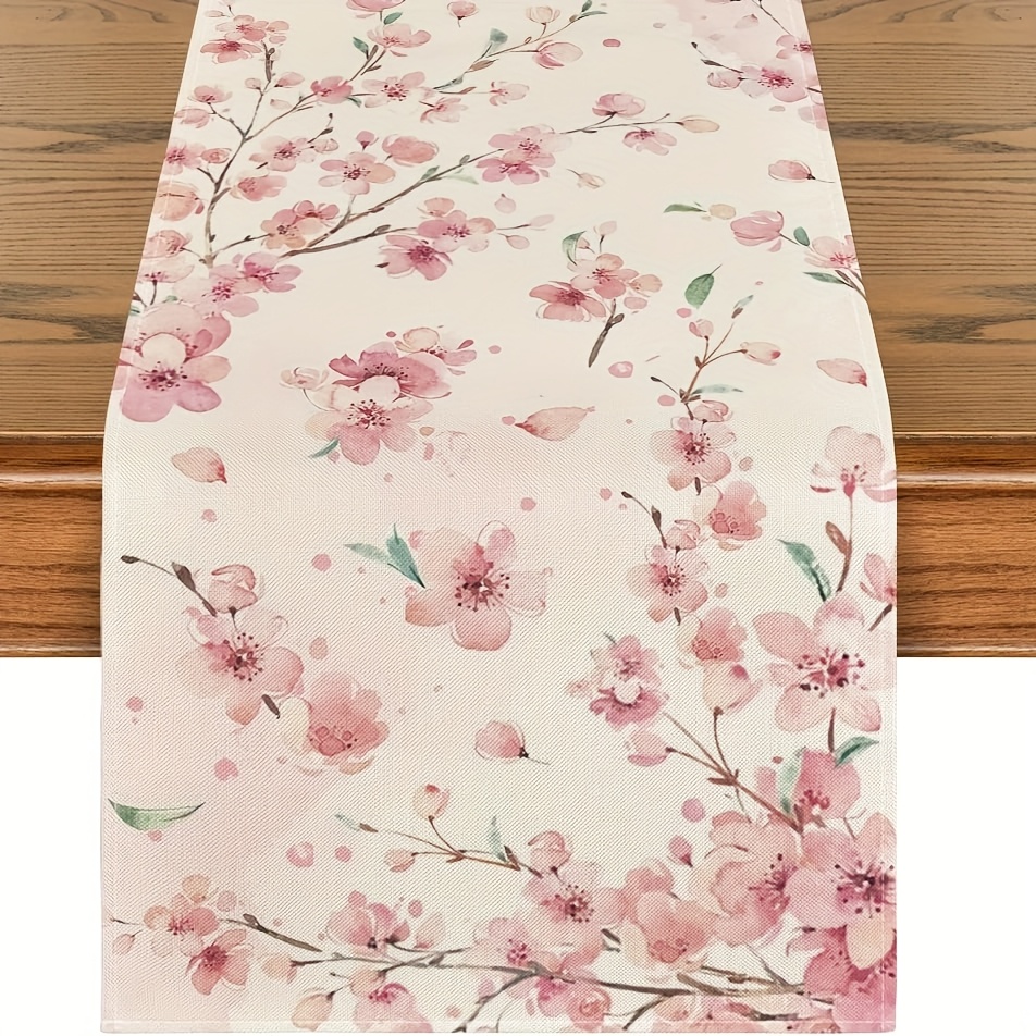 Floral Cherry Branches Spring Summer Table Runner, Seasonal Table Decoration, Suitable For Decor
