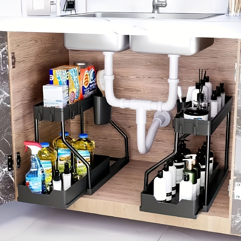 

Black L-shaped 2-tier Sliding Under Sink Organizer Space-efficient, Pull-out Design For Easy Access & Clutter-free Storage