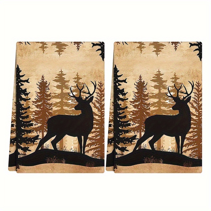 

2pcs, Dish Towels, Vintage Deer & Forest Theme Kitchen Dish Towels, Rustic Polyester Cleaning Cloths, Festive Animal & Plant Design, Home Holiday Decor