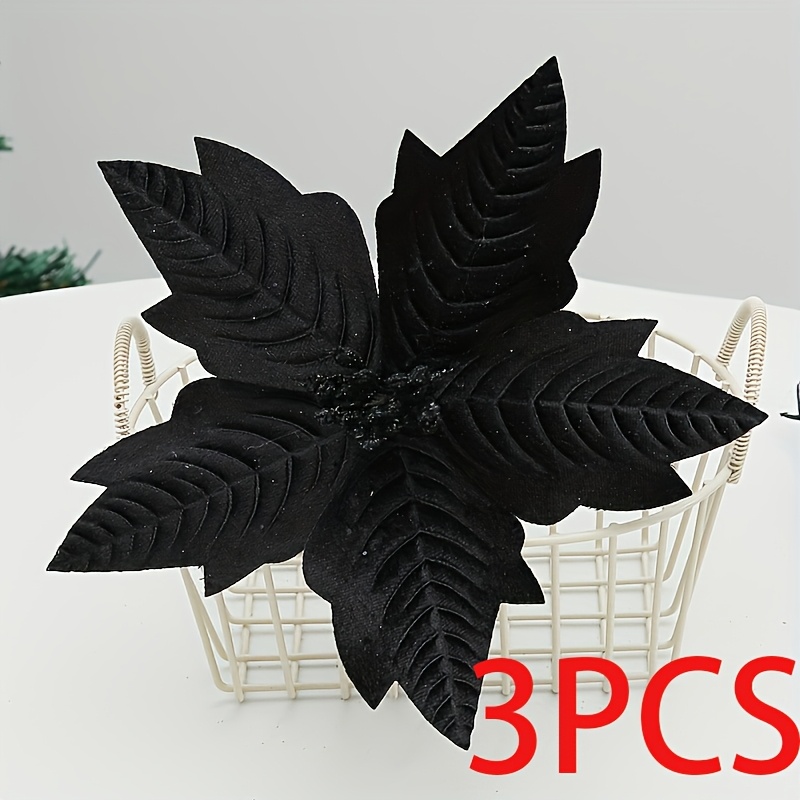 TEMU 3pcs Fleur Noël Artificielle Décoration Noël Noir Poinsettia Fleurs Décorations Fleur Noël Artificielle Noire avec Tiges pour Ornements d'Arbre
