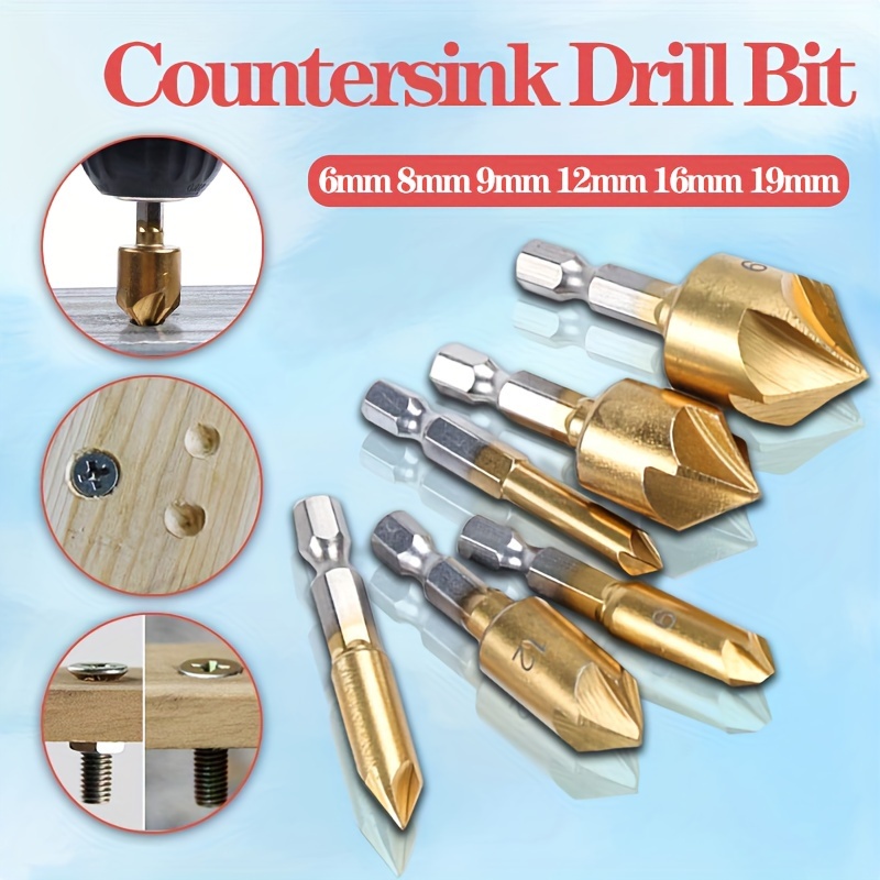 

6pcs Titanium-coated Five-blade Chamfering Drill Set - Ultra-hard, Rust-resistant Countersink & Drill Bits With Hex Shank For Woodworking