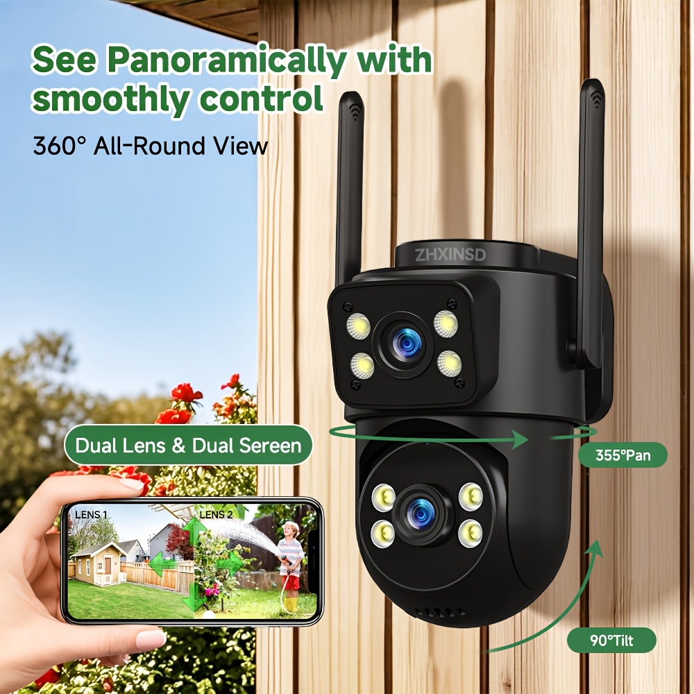 1080P Wireless Outdoor Security Camera, Dual Lens, Color Night Vision, App Control, USB Charging, Pan-Tilt, Motion Detection, Two-Way Audio, No Battery, 2.4G/5G WiFi Camera, Easy Installation, Outdoor Security Camera