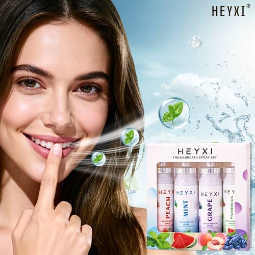 4pcs oral spray set featuring flavors mint peach grape and watermelon gentle alcohol free formula for long breath portable and suitable for occasions ideal as a holiday gift