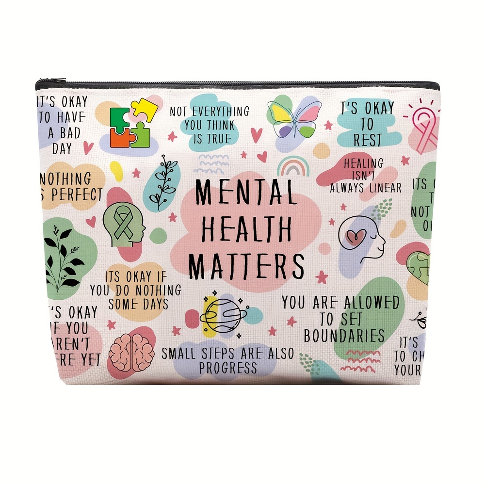 

Mental Health Awareness Makeup Bag - Positive Quotes & Affirmations, Durable Linen Cosmetic Pouch For Women