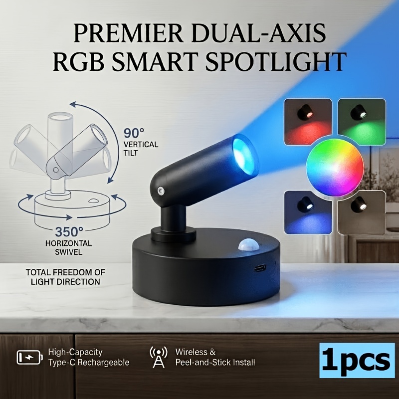 TEMU 1pc Led Rotating Spotlight, Multiple Rgb Color , Suitable For Wireless Rgb Motion Sensor Led Spotlight, Adjustable, A Atmosphere. Magnetic Wall