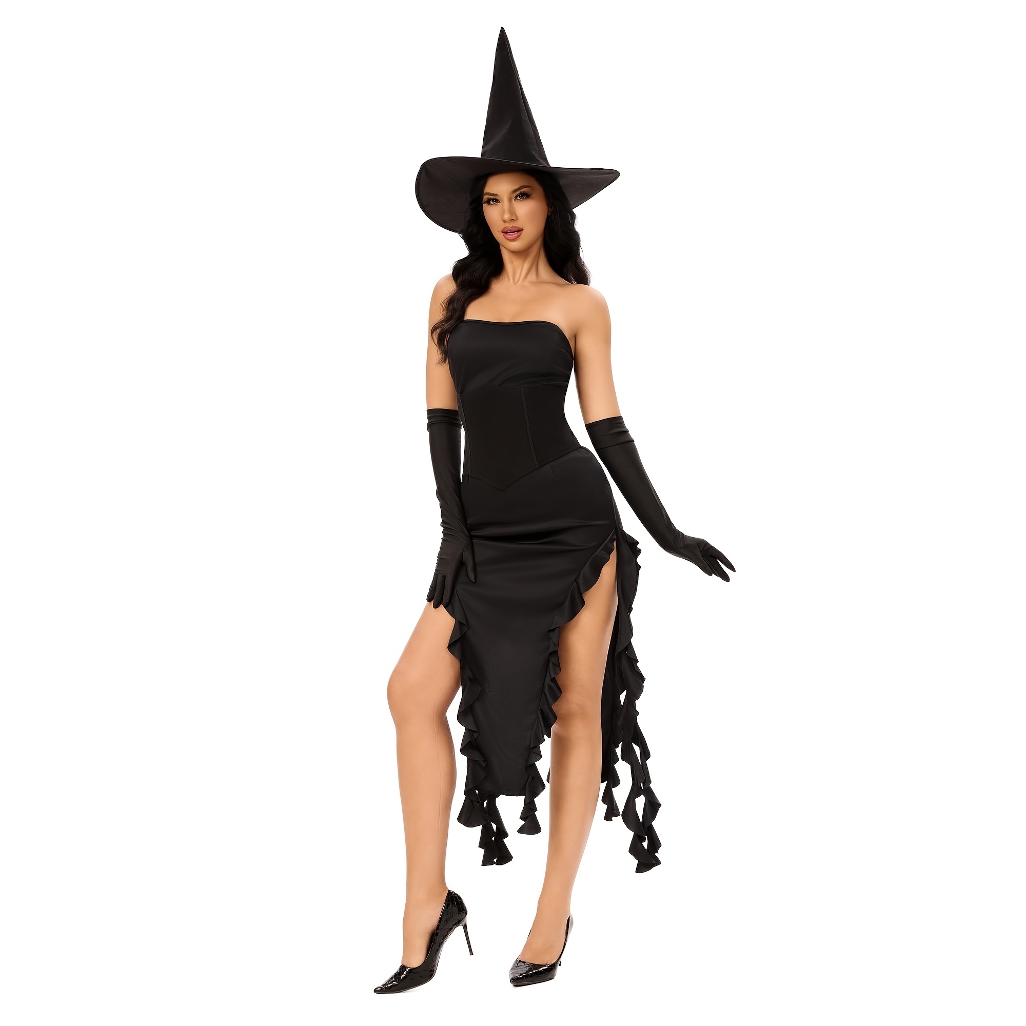 Witch Costume Women - Halloween Costumes Women Black Witch Dress Outfit  with Witch Hat Gloves