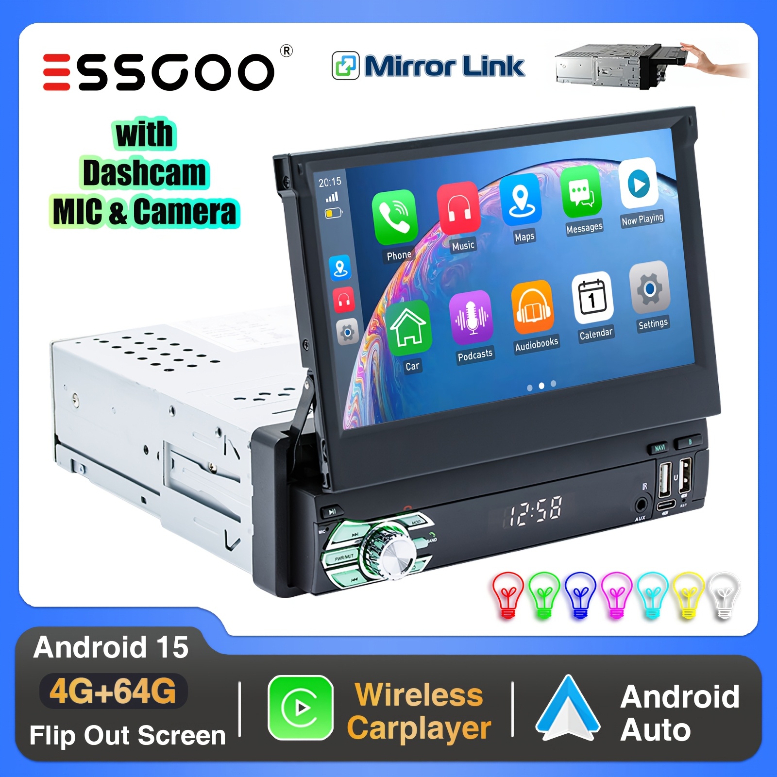 Essgoo 7-inch 15 Car Stereo Features 4gb Of And 64gb Of Storage, An Hd Flip-out Touchscreen, And Auto, Gps, Wifi, And With An Ahd Reverse Camera, Microphone, And Dashcam