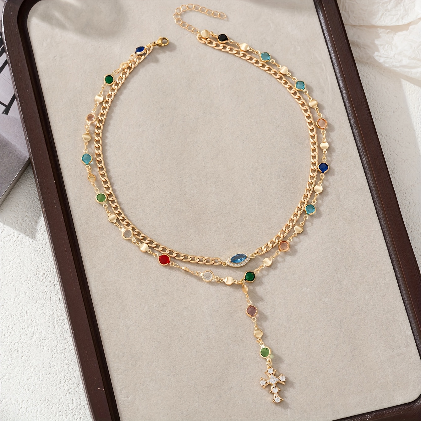 1pc Women's Fashion Necklace, Delicate Sparkling Colorful Glass Chain Cubic Cross Pendant Double-layer Y-shaped Necklace, Daily Party Jewelry Accessory, Color Random