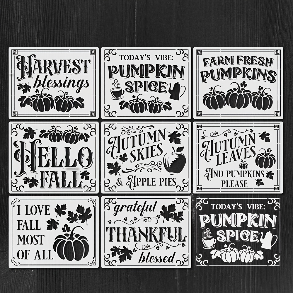 

8-piece Autumn Pumpkin & Leaves Stencils Set - Reusable Plastic Templates For Fall Harvest Diy Art And Crafts, Home Decor, Wall, Wood, Canvas - Thankful, Harvest Blessings, Pumpkin Spice Design