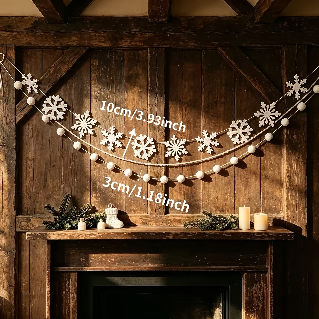TEMU 2pcs/set, White Snowflake Felt Garland With Pom Poms, Winter Christmas Snow Banner, Boho Neutral Decorations, Pre-assembled Snowflake String For