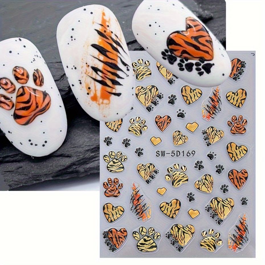 1pc Cute Tiger Print 5d Nail Stickers Adhesive Polish Tiger Heart Lovely Paw Footprint Nail Decals Sliders Diy Manicure Decorations