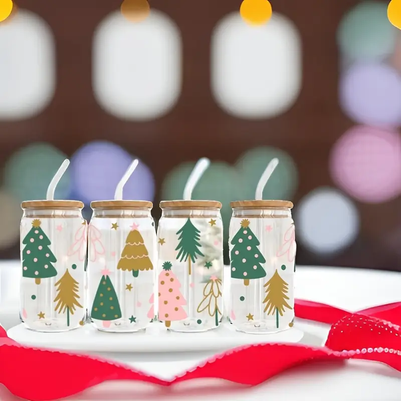 4pcs 550ml christmas tree glass with lid and straw home office cup tea beer milk cup Product details 8