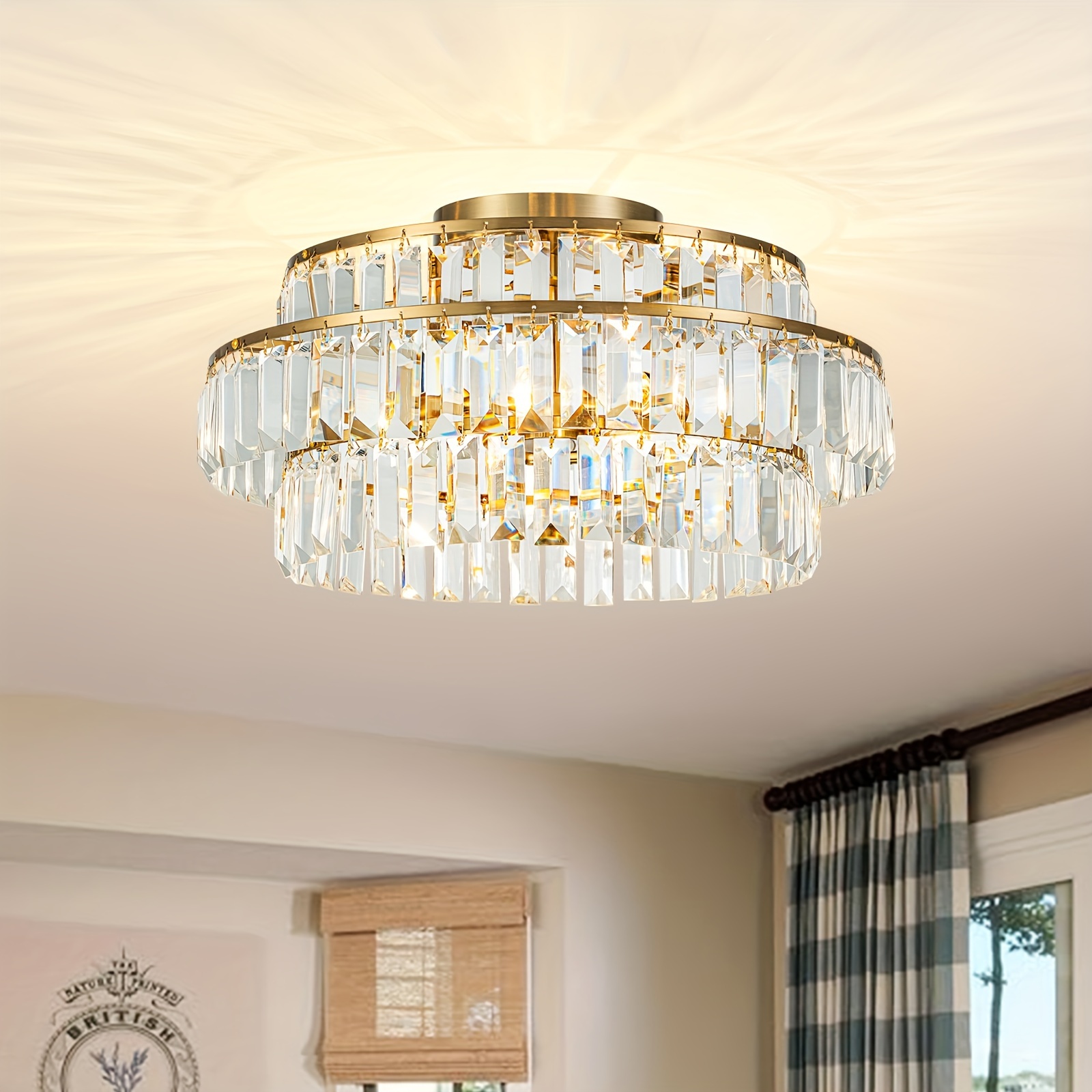 

Modern Crystal Ceiling Light Gold Black Optional 17.7inch Ceiling Light Fixture 3 Level Dimmable E12 Flat Chandelier Round Raindrop Living Room, Bedroom, Dining Room, Foyer, Kitchen Entrance