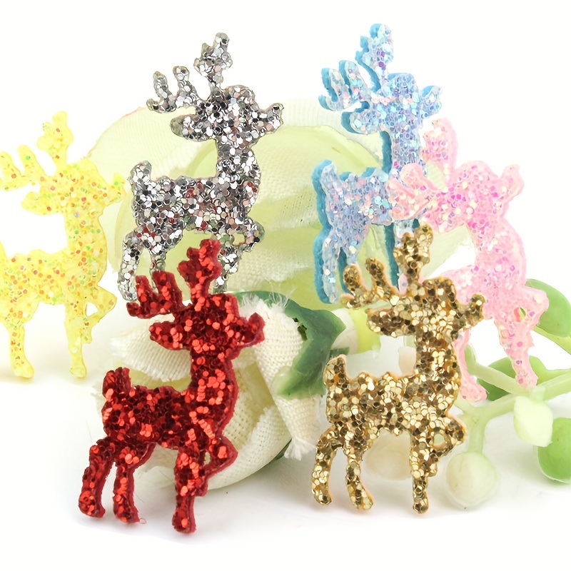 Image of 60pcs Christmas Reindeer Fabric Applique Patches - Sparkling Glitter Deer Embellishments For Diy Hair Accessories, Gift Box Decor, And Craft Projects
