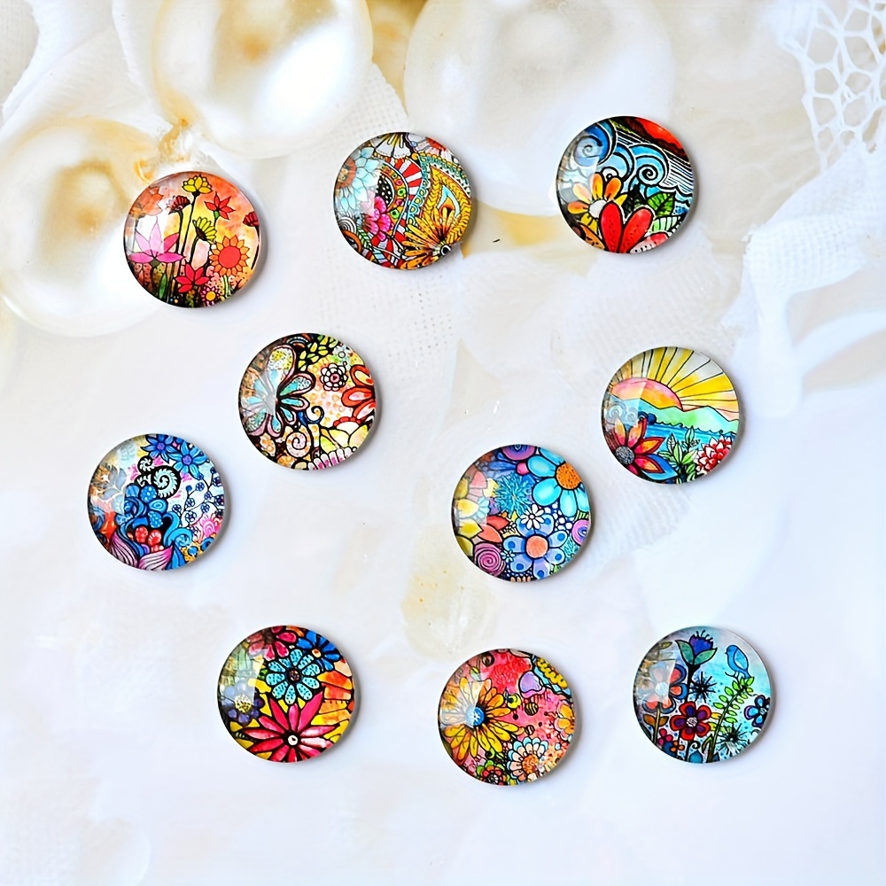 

Omgala 10pcs Glass Cabochons For Jewelry Making - Round Flower Art Paintings - 20mm/25mm Flat Back For Pendants And Craft Decorations