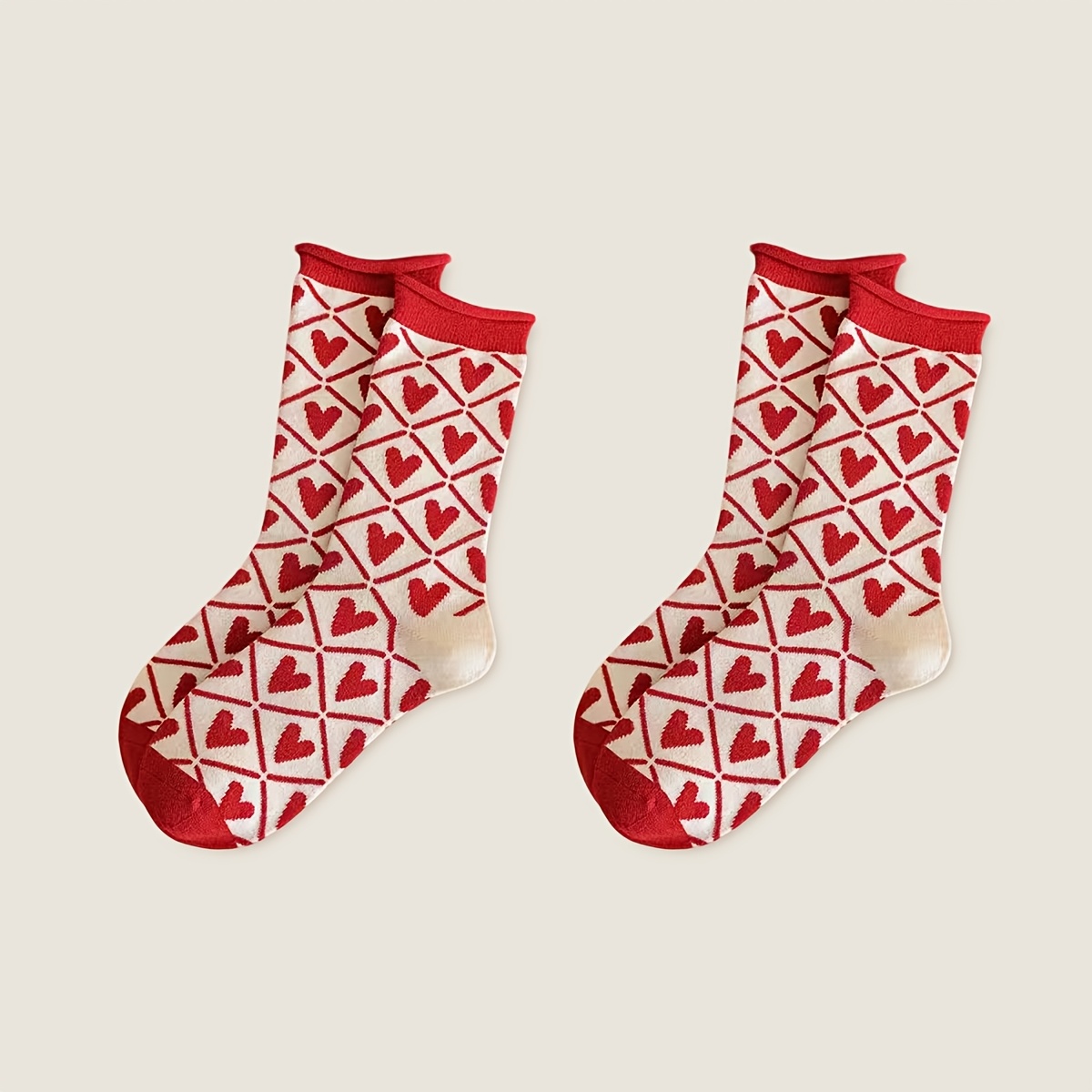 TEMU 1 Paar/2 Paar karierte Herz-Jacquard-Neujahrs-Wadenhohe Socken in Rot,, weich warm, Valentinstagsgeschenk, Schlupfsocken, einfache stilvolle
