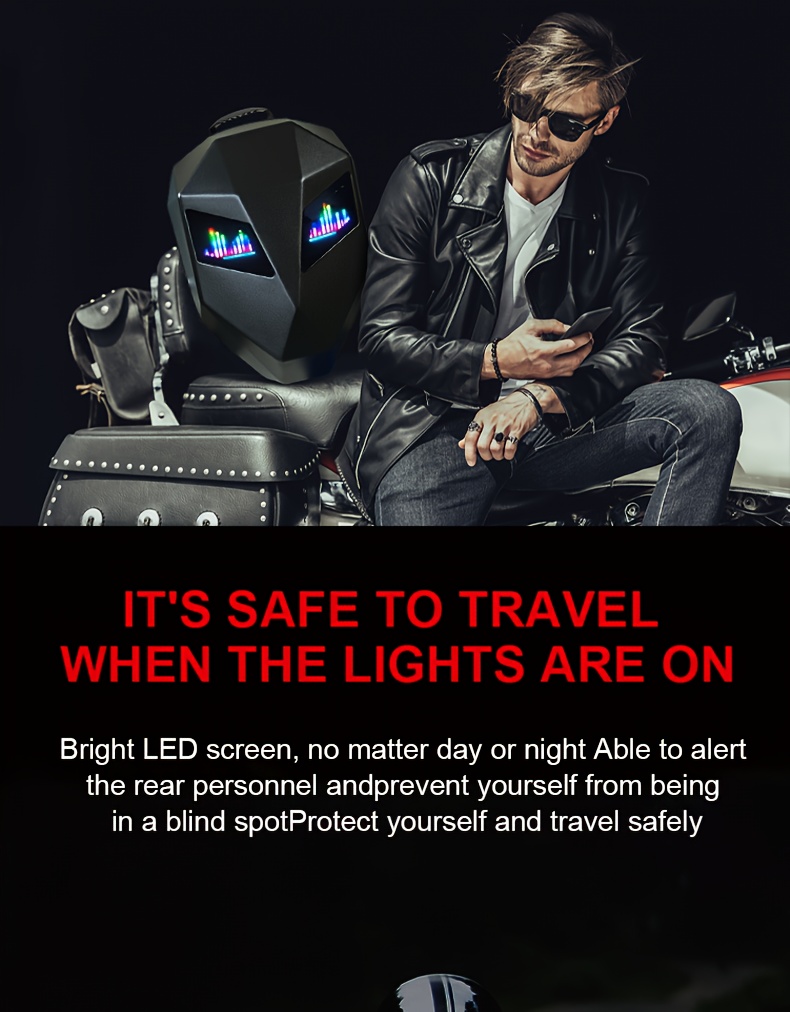 Sac à dos LED pour ordinateur portable Crelander avec yeux, sac à dos LED pour moto Chevalier de 45,72 cm avec écran couleur programmable, grand sac à casque rigide de grande capacité, sac à dos tendance pour la randonnée, le camping, le vélo et les voyages