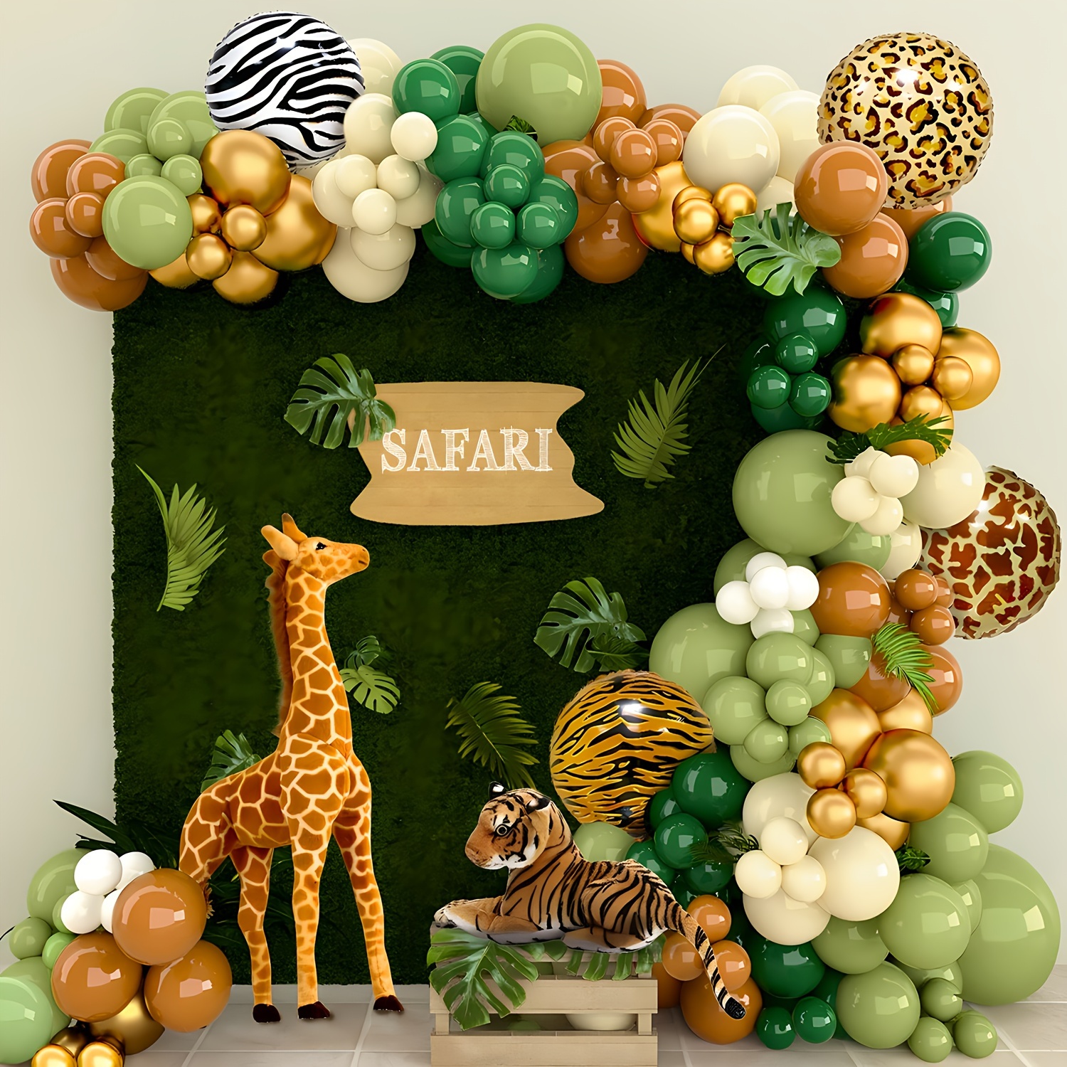 

Jungle Safari Animal Balloon Arch Kit, 127pcs Birthday Party & Baby Shower Decorations, Tiger Giraffe Zebra Leopard Print Foil Balloons, Biodegradable Latex Balloons With Tape & Tying Tool Included.