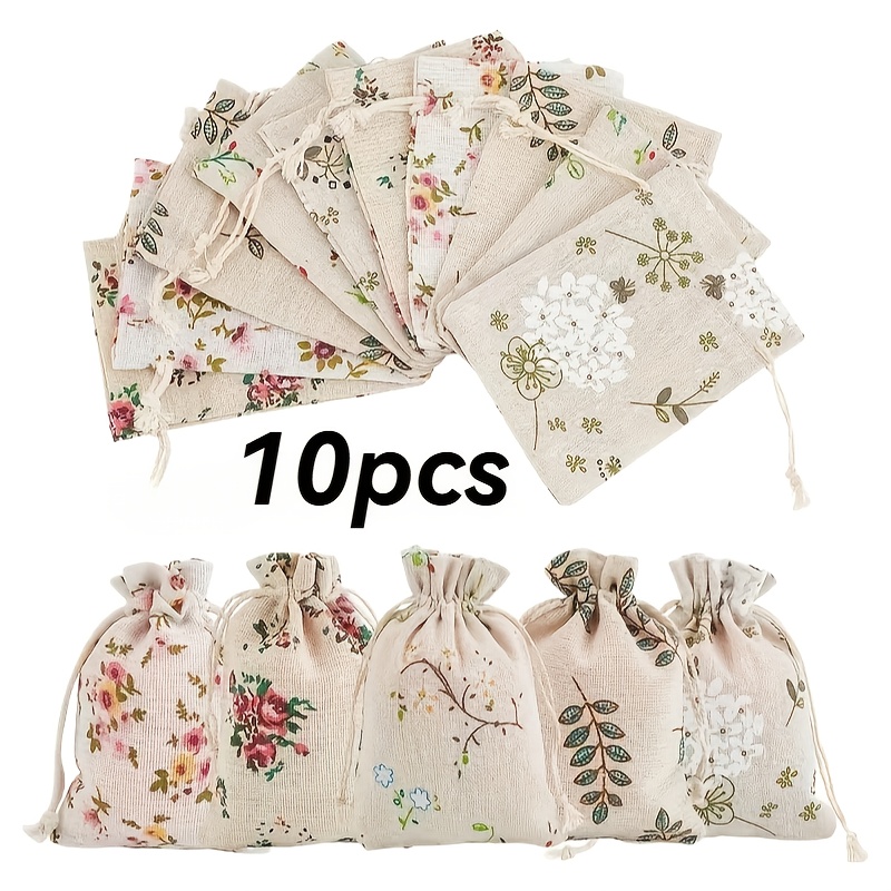 E-shop 10 Stück Rustikale Blumenmuster Leinen Geschenkbeutel mit Zugband – Natürliche Zugbandtasche, geeignet für Schmuck, Süßigkeiten, Kosmetik kleine