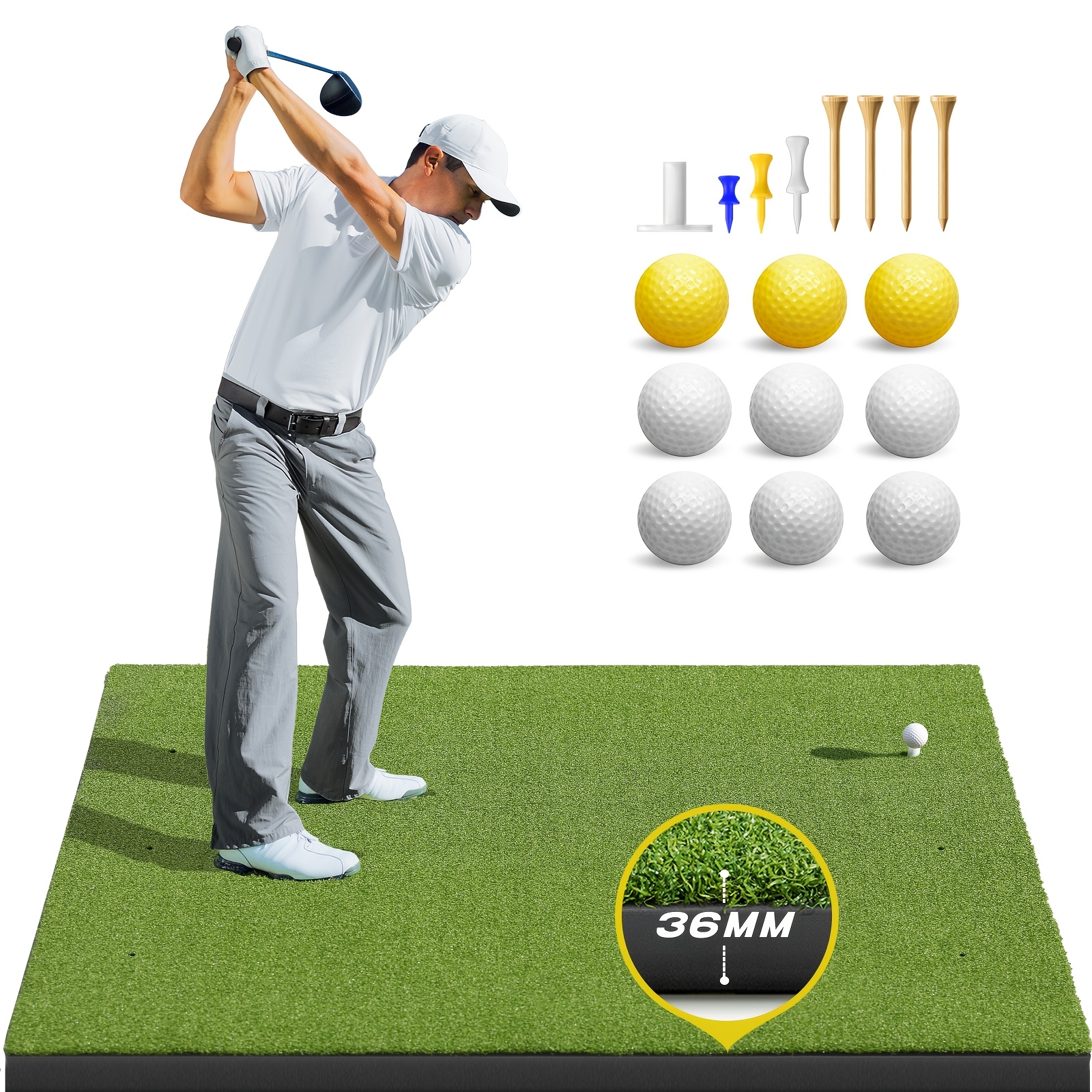 Golf Mat, 5x4ft Ultra - 36mm Artificial Turf Golf Hitting Mats Practice With 9 Golf Balls, 8 Golf Tees, Golf Hitting Training Aids For Backyard Driving Chipping Indoor