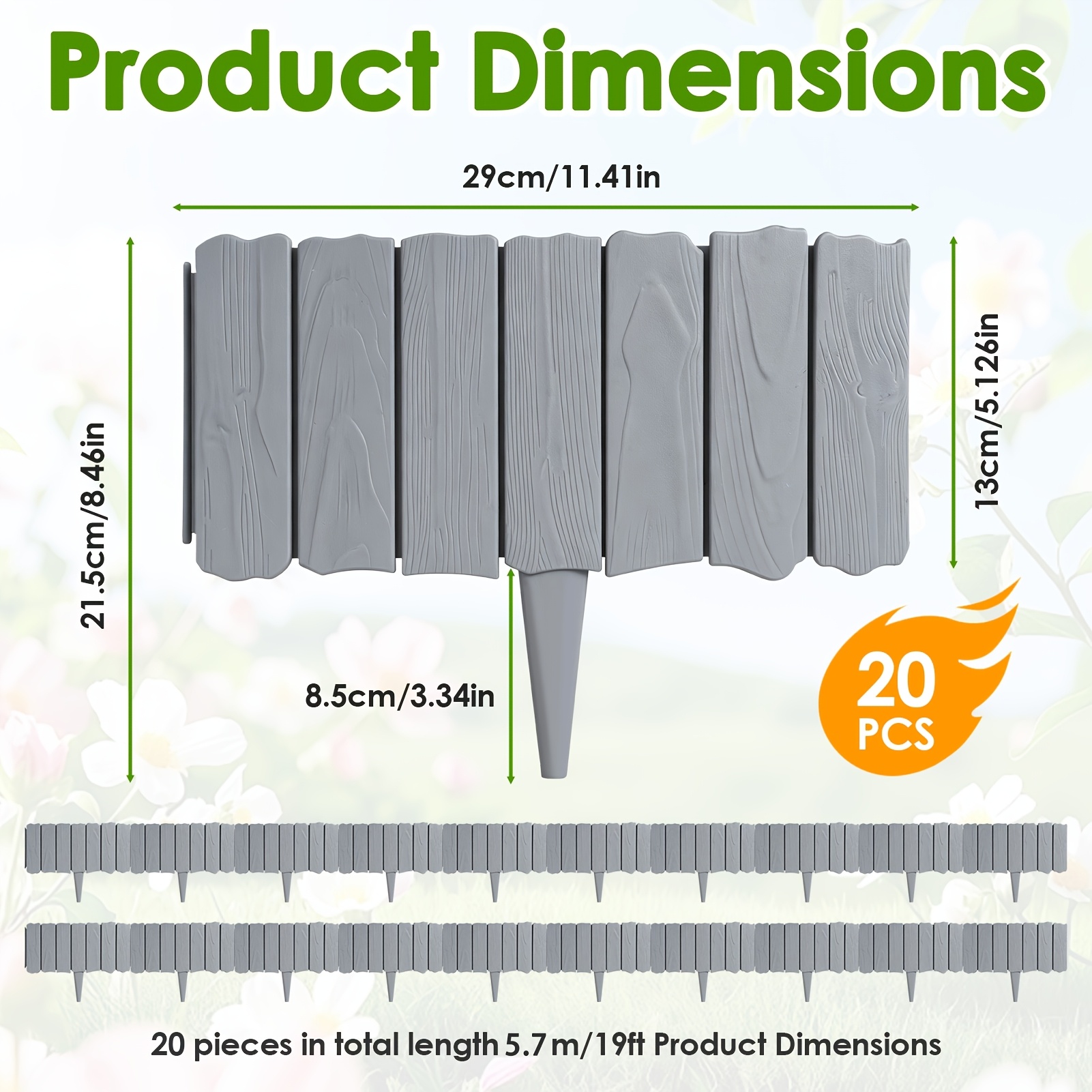 Image of 20pcs Lawn Edging - 5.7m/19ft Flexible Garden Edging For Flower Beds, Lawn, Patio & Pavement - Border, No Digging, Weather-resistant Plastic, Wood Effect Garden Fence