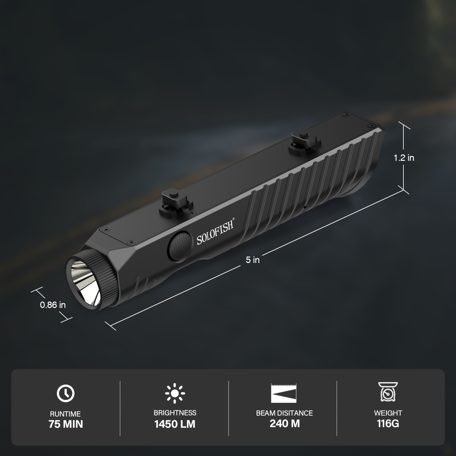 SOLOFISH Tactical Flashlight - 1450 Lumens Strobe Light with M-Lok Rail Rifle Compatibility, Magnetic Rechargeable, Low Profile Design for Enhanced Portability