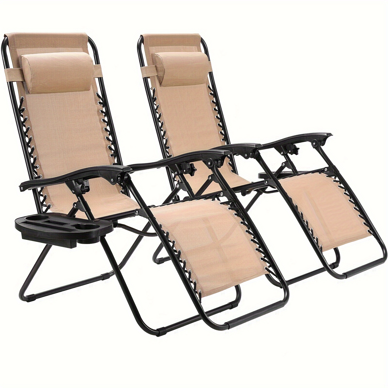 

Set Of 2 Sun Loungers, Foldable Lounge Chair With Adjustable Headrest And Backrest, Lunch Break Lounge Chair With Cup Holder, Ergonomic And Breathable, Beige