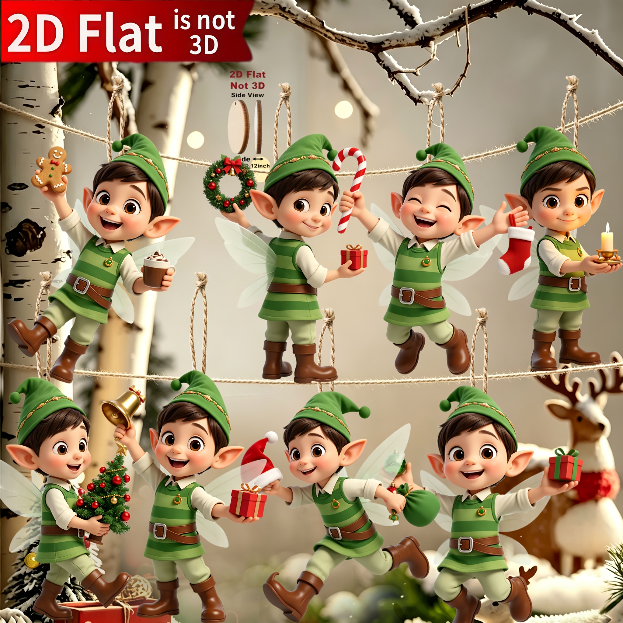 TEMU 2d Flat, 8pcs Christmas Eve 2d Elf Little Boy Wooden Hanging Ornaments With Rope, Outdoor Party Decorations, Christmas Decor, Outdoor Christmas