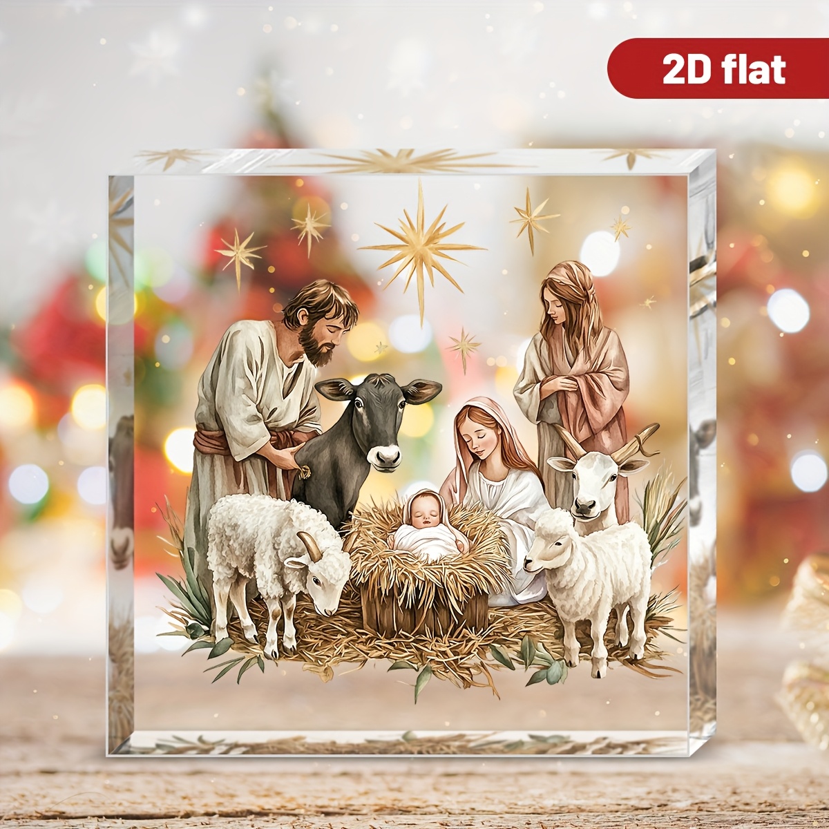 Image of 1pc, Retro Watercolor Nativity Religious Style Acrylic Desktop Tabletop Ornament, Printed ' Birth Manger Bethlehem Star, Suitable For Living Room Study Table Dining Table Holiday Atmosphere Decoration