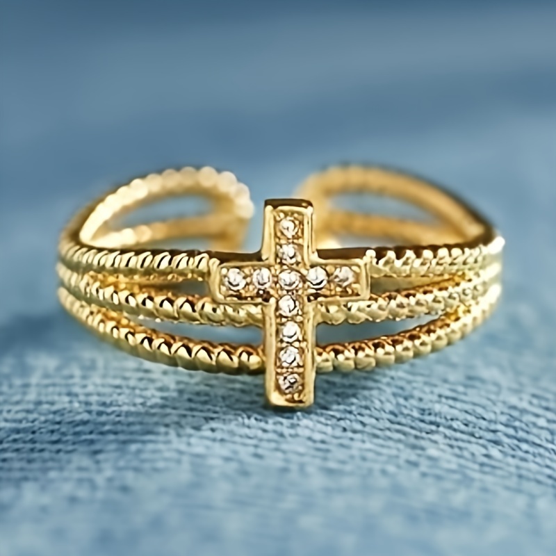 Adjustable Layer Cross Ring KC Golden Plated Synthetic Stone