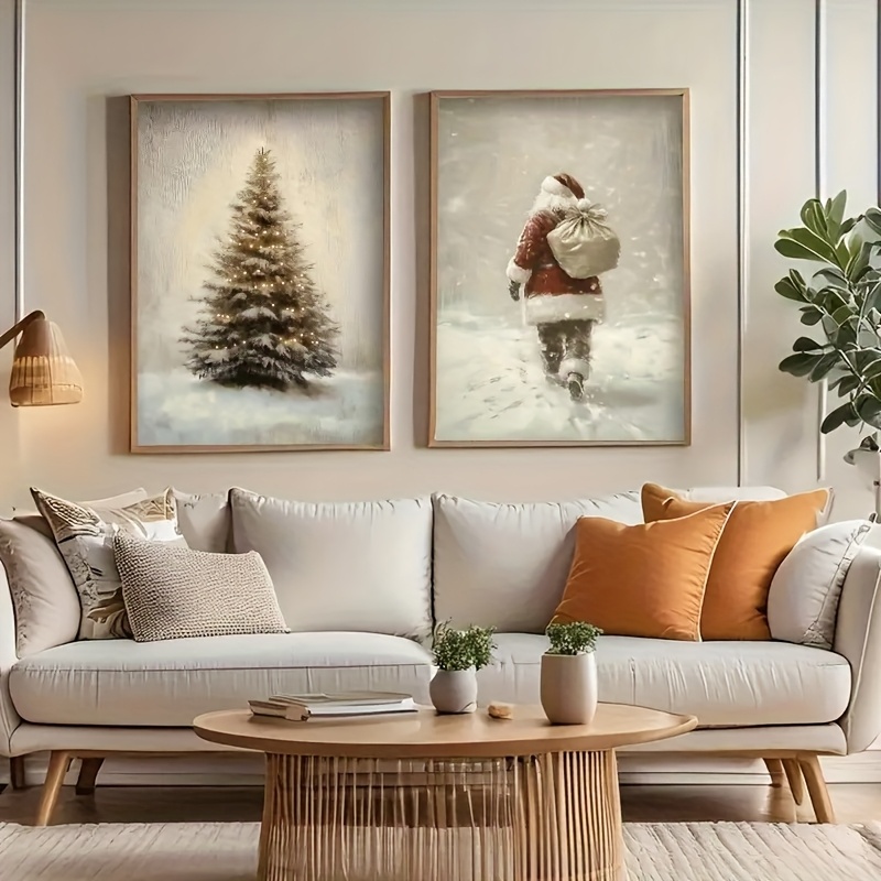 TEMU 2 pièces Affiches sur Toile Vintage Cadre Père Noël et Sapin de Noël - Scènes de Neige Hivernales Art Mural Adapté pour Salon, Chambre, Cuisine,